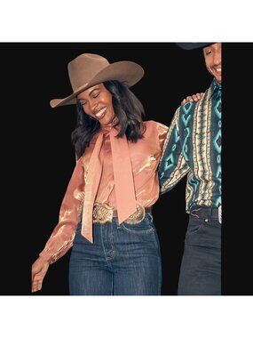 Wrangler Retro Women's Tie Neck Button Blouse Shirt Rose Gold 112371712